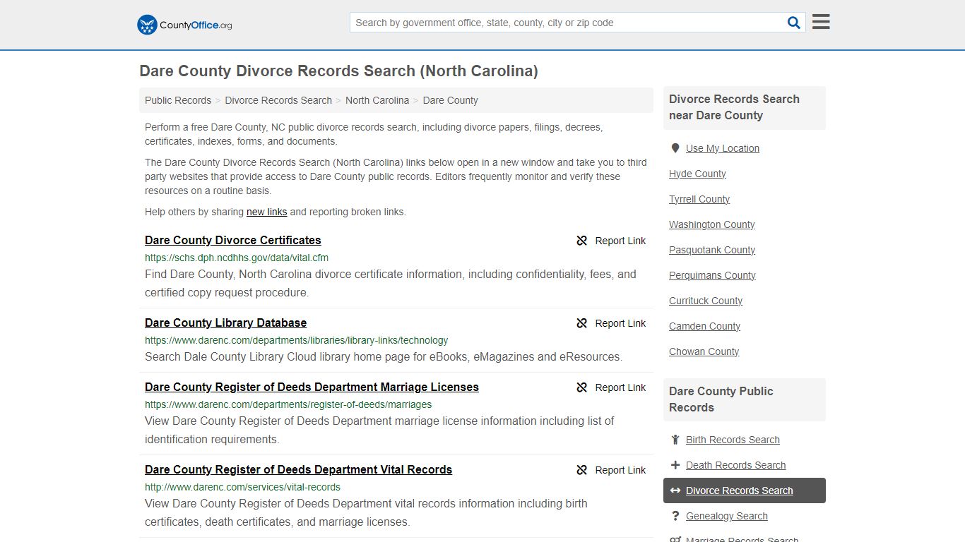 Dare County Divorce Records Search (North Carolina) - County Office